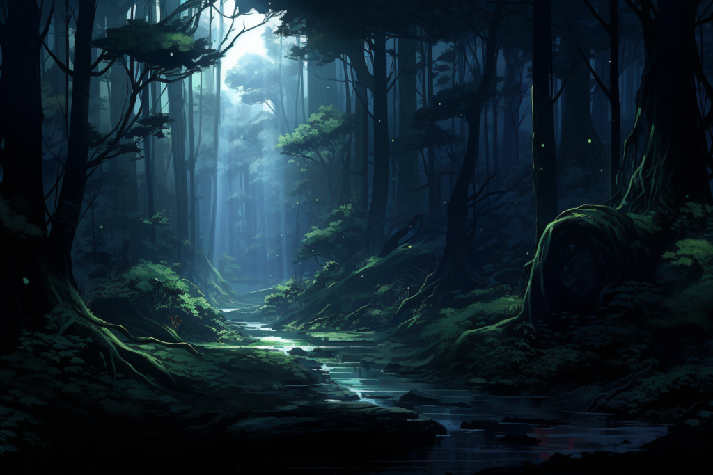 夜の森林のイラスト、月明かりが差している