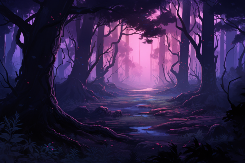 夜の森林のイラスト、不気味な森