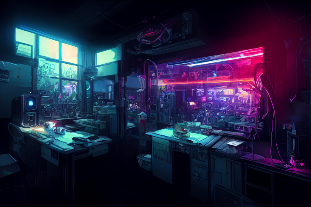 研究室（サイバーパンク風）の背景イラスト07,Illustration of Cyberpunk Lab07