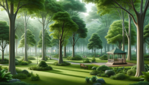 朝の光が差し込む静かな自然公園。大きな緑の木々に囲まれた歩道とベンチ、中央には木製の休憩所