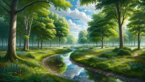 清らかな小川が流れる広大な公園のイラスト。草花が咲き乱れる中、緑の木々の間に青空と雲がのぞく風景