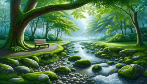 大きな木の下に置かれたベンチがある平和な公園の風景のイラスト