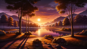 夕暮れ時の美しい湖と山々、木々が映る公園のイラスト。湖の中央には太陽が沈んでいき、紫やオレンジの空が反映されている。