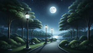 夜の公園の風景。明るく照らされた街灯、輝く満月、深い青空に輝く星々、そして湖のそばの並木道。