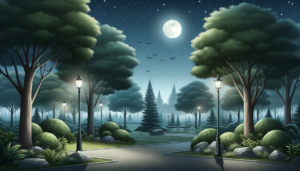 静かな夜の自然公園。明るい月明かりの下、飛ぶ鳥、街灯、そして霧に覆われた木々。