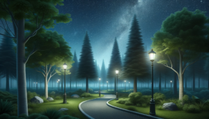 星空の下、霧がかかった森の中の歩道と街灯が並ぶ静かな夜の公園のイラスト