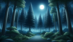 夜の森の中を照らす明るい月と巨大な樹木、冷たい霧がかかった道がある自然公園のイラスト。