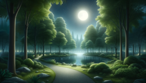 月明かりの下、静かな公園の池の周りに立つ緑豊かな樹木と灯りが並ぶ遊歩道がある自然公園のイラスト。