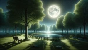 月明かりの下で輝く湖と木々、ベンチが置かれた夜の公園のイラスト。