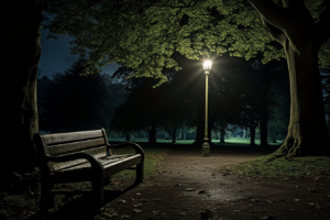 夜の公園、街灯の光の下でベンチが置かれ、大きな木の下の景色のイラスト。