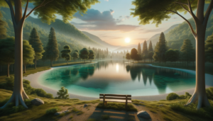 日の出のシーンを背景にした静かな湖畔の公園、前景にはベンチが設置されている