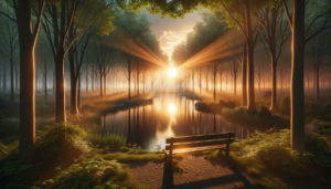 朝日の光が木々を照らす森の中の静かな池がある公園。池の中心には反射する太陽の光と、池の端にはベンチが置かれている。