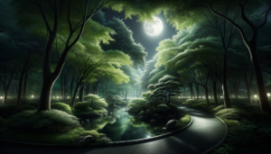 月明かりの下で輝く神秘的な公園の風景、緑豊かな木々と静かな池が映し出されています。