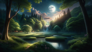 星空と月の光が照らす自然の公園。湖面には輝く月の映り込みと周りには小さな明かりが灯されています。