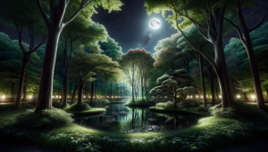 夜空に輝く月と星々の下、緑の木々に囲まれた静かな公園の風景。
