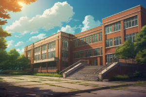 朝の光が優しく差し込む、赤レンガ造りの学校の外観を描いたイラストです。建物は二階建てで、大きな窓が並んでおり、緑豊かな木々に囲まれています。前には広々とした階段があり、亀裂が入った古い歩道が見えます。青空には柔らかな雲が浮かんでおり、夏の訪れを思わせるシーンです。