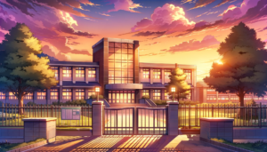 学校のフロントゲートとその周辺のイラストで、ゲートは夕日の光で輝いており、学校名が書かれた看板が見えます。ゲートの前の道は太陽の影で縞模様になっており、周囲には木々と緑の生垣があります。空は橙色から紫色へと変わる夕焼けで、景色に豊かな色彩を与えています。