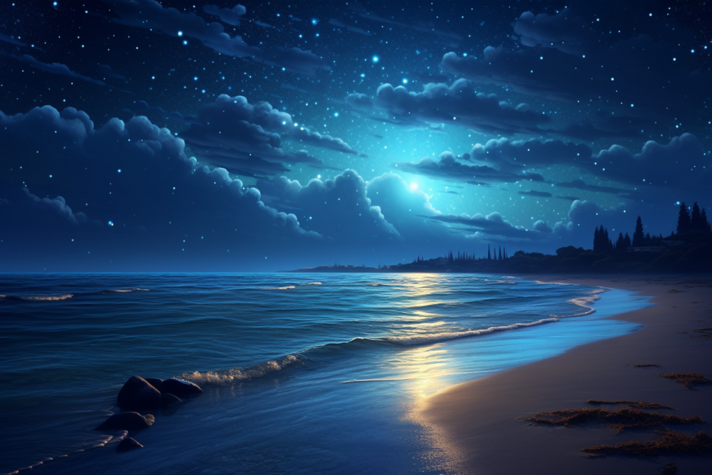 リアル風の夜の海辺のイラスト