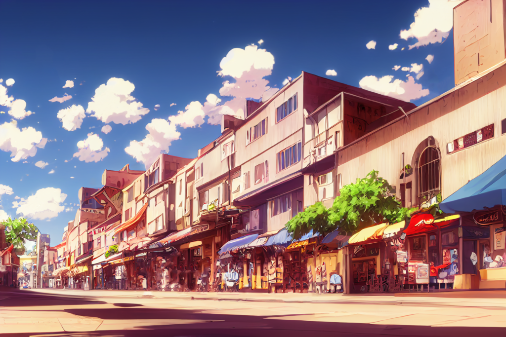昼の商店街のイラスト背景,illustration of shopping street02