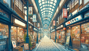 屋根付きの伝統的な商店街のイラストです。アーチ型の天井が特徴的で、木造の店舗が左右に整然と立ち並んでいます。店先には商品の展示やのれんがあり、石畳の通路は遠くまで続いています。街灯が所々に設置されており、昔ながらの日本の商店街の雰囲気を醸し出しています。