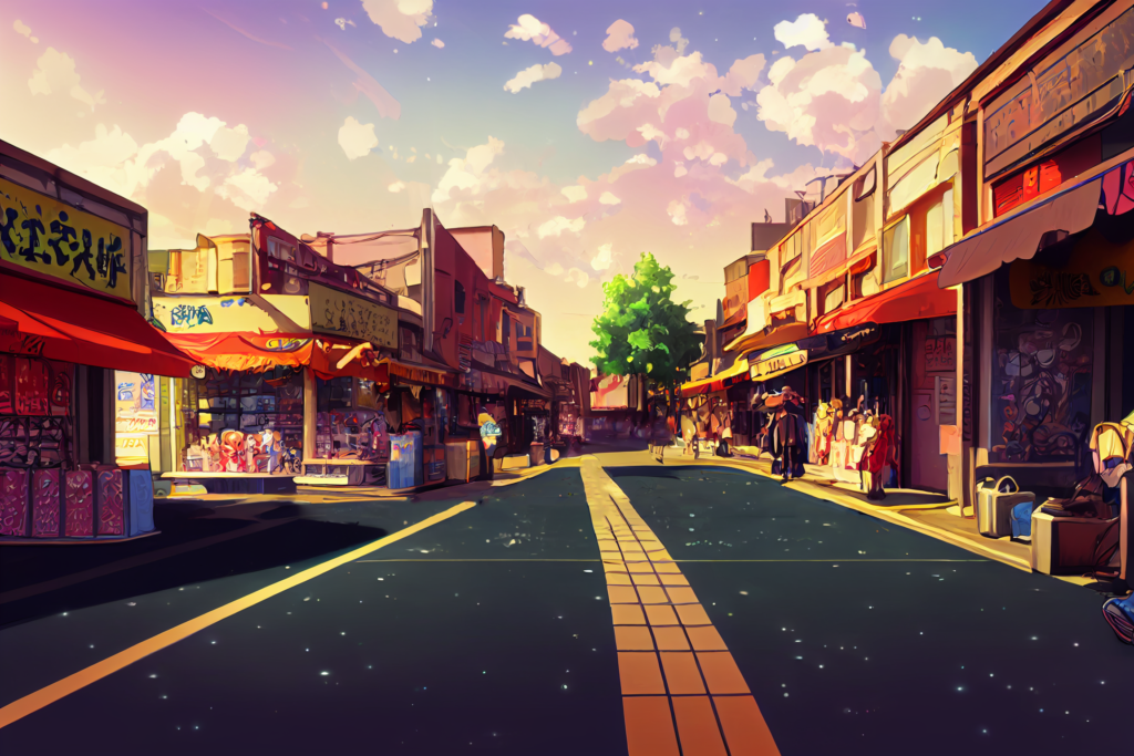 夕方の商店街のイラスト背景,illustration of shopping street at evening01