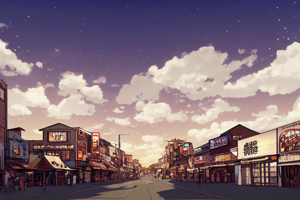 夕方の商店街のイラスト背景,illustration of shopping street at evening02