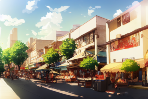 夕方の商店街のイラスト背景,illustration of shopping street at evening04