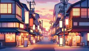 夕暮れ時に照らされた昔ながらの日本の商店街のイラストです。店舗の明かりが温かみを与え、通りの両側には伝統的な建築様式の建物が並んでいます。街灯と吊るされた提灯がほのかな光を放ち、電線が空の上を横切っています。空には夕焼けが広がり、終わりゆく一日の穏やかな雰囲気を感じさせます。