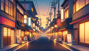夕焼けの空を背景にした日本の商店街のイラストです。細い道がまっすぐ伸びており、昔ながらの木造の建物が両側に立ち並んでいます。提灯や店頭の照明が点いており、落ち着いた夕暮れの雰囲気を醸し出しています。通りには商店の看板やメニューが並び、訪れる人々を迎える準備ができています。