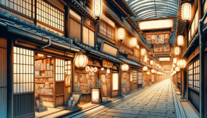 早朝の柔らかな光の中、伝統的な日本の屋根付き商店街のイラストです。木造の建物が両側に並び、提灯と看板が温かな雰囲気を提供しています。通路は石畳で、穏やかな日の出が天井のアーチを照らしています。商店街は静かで、日の光が各店舗のショーケースを明るくしています。