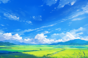 青空の下、広がる田んぼと遠くの山々が見える風景。雲が浮かび、風が吹き抜ける爽やかな景色。