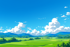 青空の下に広がる田園風景。遠くに山々が見え、広大な緑の田んぼが広がっている。