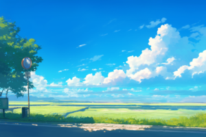 青空の下、広大な田んぼが広がる風景。道路脇に木が立ち、遠くに白い雲が見える。