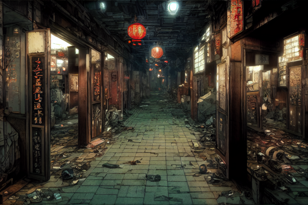 九龍城砦の廊下の背景イラスト01,Background Illustration of Kowloon Walled City's Alley01
