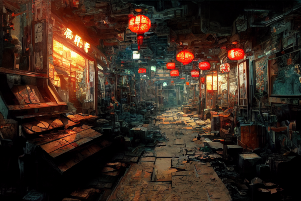 九龍城砦の廊下の背景イラスト02,Background Illustration of Kowloon Walled City's Alley02