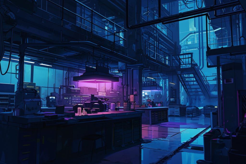 広々としたサイバーパンク風のラボで、青い照明が全体を照らしている。中央には大きな作業台があり、その上には多様な機械装置が並んでいる。背景には大きなガラス窓と、複数階に渡る建物の内部が見える。
