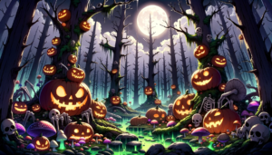 幽霊や骸骨が浮かぶハロウィンの森の中で、かぼちゃのランタンが明るく輝く夜の風景