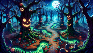 ハロウィンの夜の青い森の中、大きな怖い顔をした木々の間にかぼちゃのランタンや墓石が散りばめられた風景