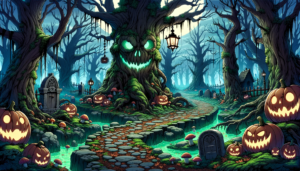 ハロウィンの夜の森の中で、緑色の目と口を持つ大きな木の怪物、複数のジャックオーランタン、墓石、キノコ、そしてランタンが灯る幻想的な風景。