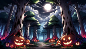月明かりの下、ハロウィンのカボチャが点灯している森の中の道。大きな古木と紫色の光が放たれる幻想的な風景。