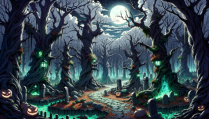 ハロウィンの夜、死者の霊が出没すると言われる不気味な墓地。古い木々の間に緑色の謎の光が放たれ、カボチャのランタンや墓石が点在している。