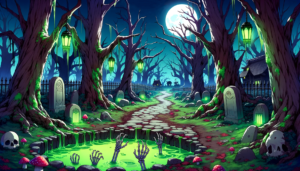 青い月夜の魔法の森の墓地。緑色の輝くランタンと毒々しい池。不思議なキノコと骸骨が地面から顔を出す風景。