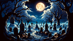 月明かりの下、幽霊やジャックオーランタンが飾られた墓地の夜景。古い墓石や荒れた木々が薄暗い雰囲気を演出している