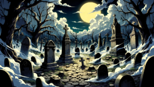 満月が昇る中、霧に覆われた墓地の風景。古い墓石や十字架が並び、幽霊の姿やジャックオーランタンが見えるハロウィンの夜