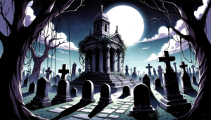 月明かりの下、古びた墓石と大きな木が立ち並ぶ静かな墓地に中央に美しい霊廟