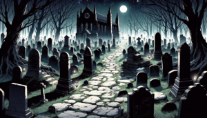 青白い霧が漂う墓地に立つ大きなゴシック様式の教会と数多くの墓石、夜の空に輝く明るい月
