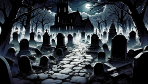 月夜の墓地に立つ古い教会、霧に覆われた墓石、そして裸の木々のシルエットを持つハロウィンをテーマにしたイラスト。