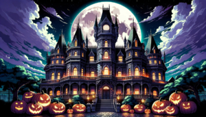 ハロウィンの夜に煌々と輝く古城、大きな月が背景に映える。前景には笑顔のジャックオーランタンが並んでいる。