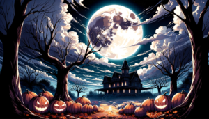 ハロウィンの夜の風景。枯れ木の間から巨大な満月が輝き、小さな魅力的な館が遠くに佇んでいる。前景にはジャックオーランタンと落ち葉が散らばっている。