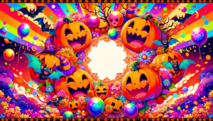 カラフルな背景の中に笑顔のかぼちゃ、コウモリ、風船、花々が描かれたハロウィンテーマのイラスト